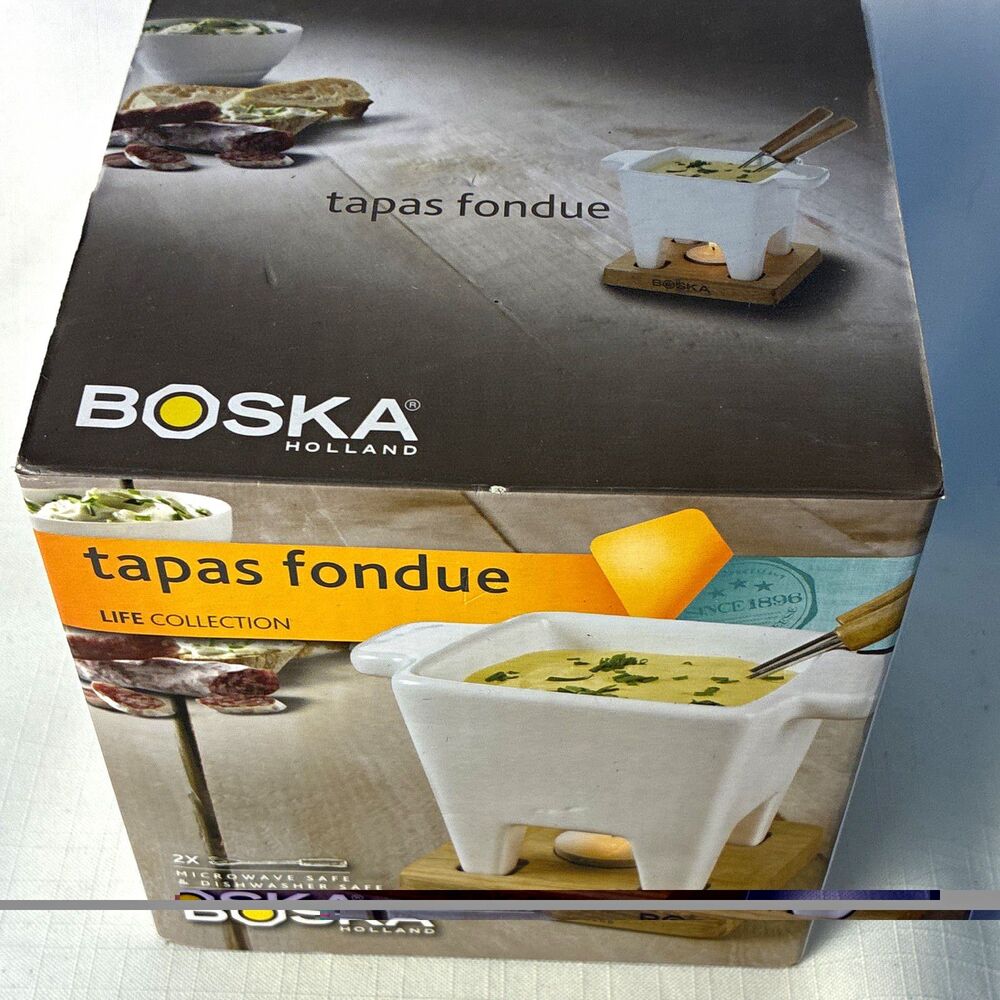 BOSKA Tapas Fondue Set White Ceramic w/ Oak Base, 2 Forks & Tealight new